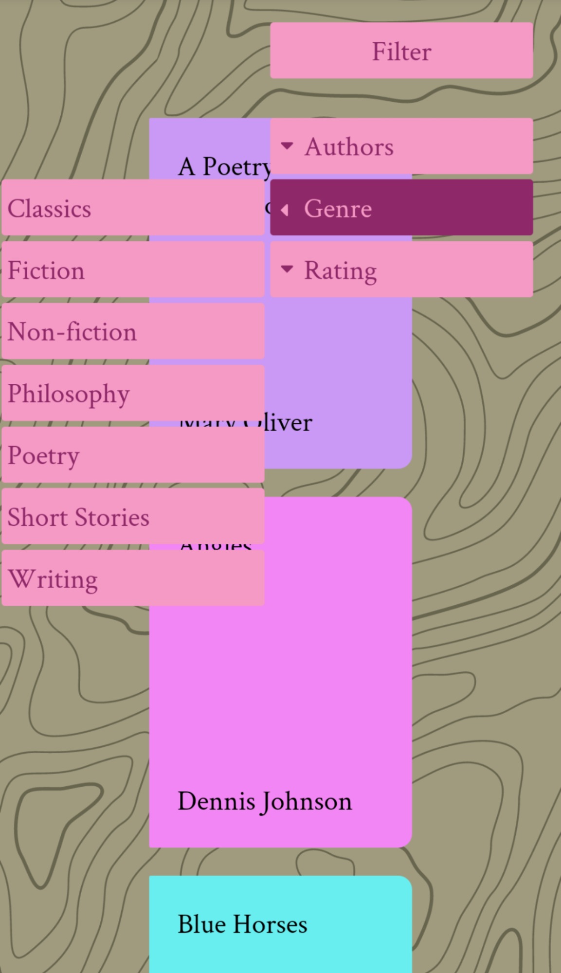 The menu options for sorting in the digital bookshelf